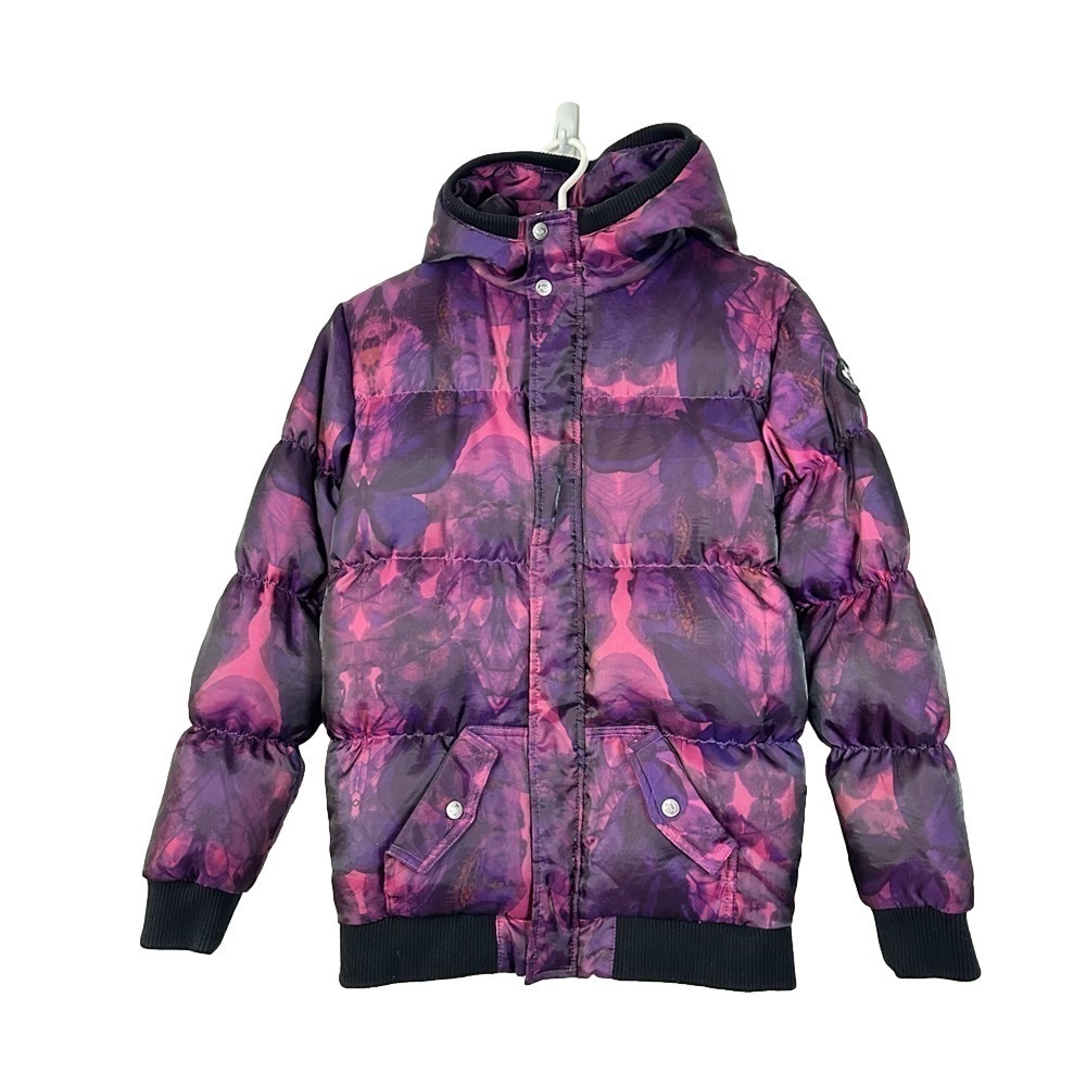Appaman Girls 14 Down Puffer Jacket Hip Length Hooded Purple Black Print
